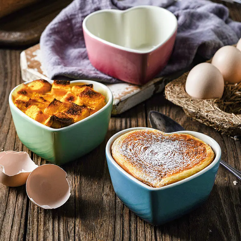 Fransk bakskål med lock keramik persikahjärta ångad ägg hushållskärlek små vaniljsåsskålar porslin