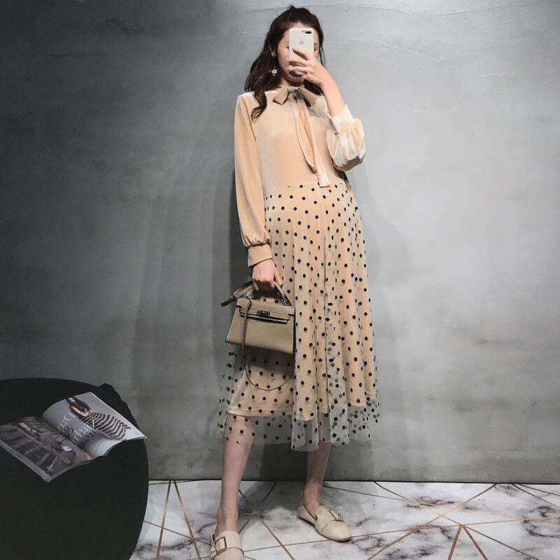 Abito per allattamento premaman invernale 2022 con fodera in velluto vestiti per allattamento a pois colletto con fiocco abito per allattamento al seno donna incinta: no zip albicocca / L