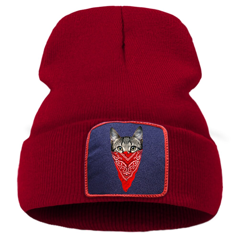 Harajuku djur katt huva keps sport unisex hip hop stickade mössor utomhus casual mössa mössa enfärgad skullies kepsar: Vinrött 6