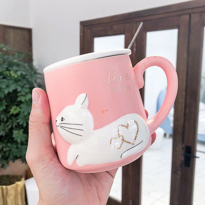 3d lättnad katt keramisk kopp med lock sked vatten kopp tecknad konstnärlig hipster män och kvinnor studenter par kopp: Rosa