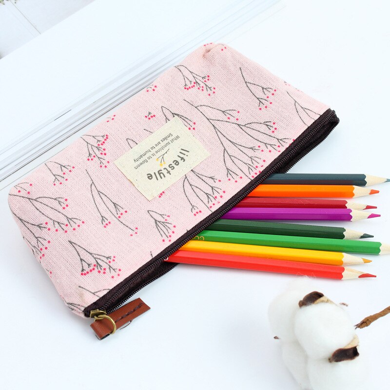 Cute Kawaii Floral Flower Canvas Zipper Pencil Cases Lovely Fabric Flower Tree Pen Bags School Supplies