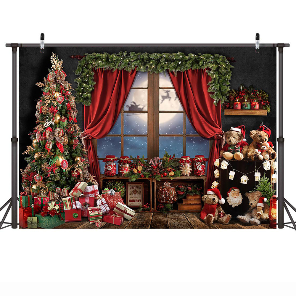Christmas Bears Room Backdrop Red Curtain Winter Window Wonderland Big Moon Background Birthday Portrait Photography Props