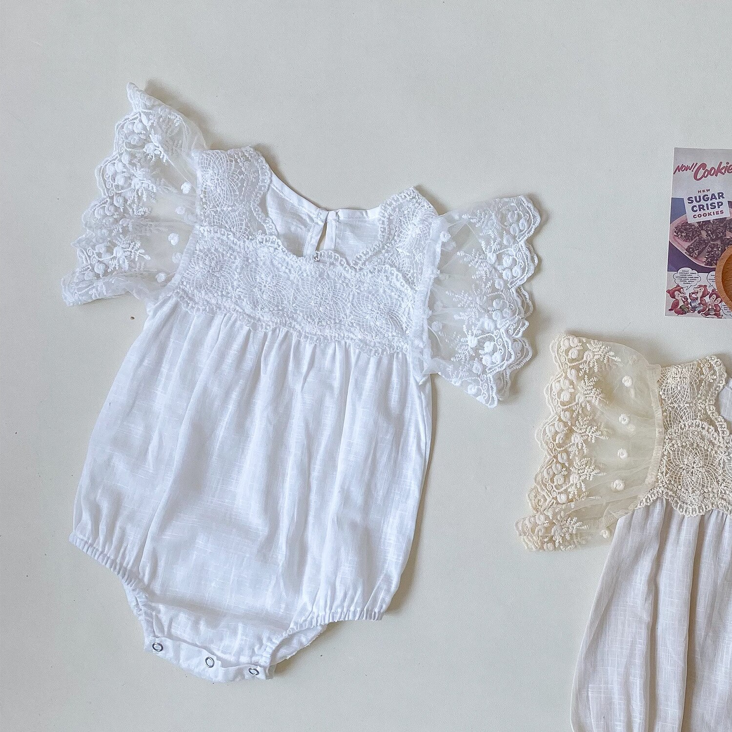 Sweet Newborn Baby Girl Lace Hollow Out Flying Sleeves Jumpsuit Thin Cotton Girls Bodysuit One Piece Infant Outfits: white / 3T  100cm