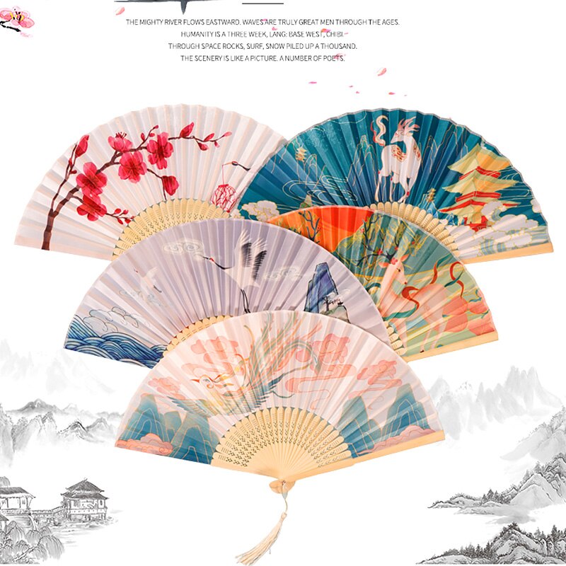 Antique Folding Fan Summer Classical Chinese Style Women's Tassel Dance Fan Foldable Portable Small Bamboo Fan Wedding Hand Fan