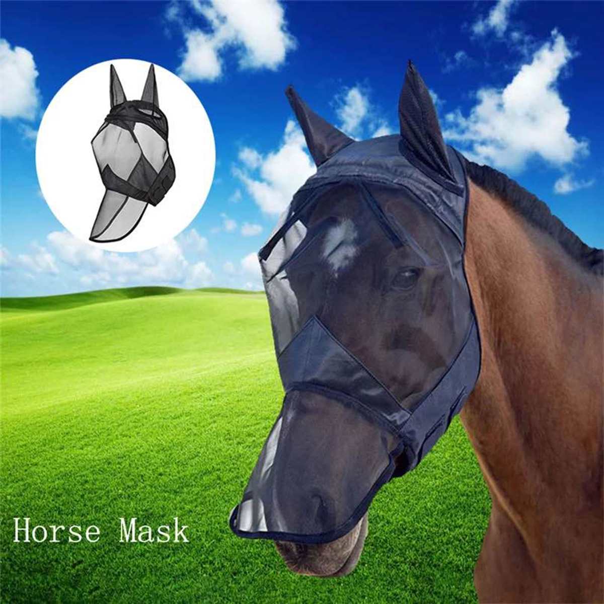 Horse Face Mask Anti-mosquito Full Face Protection Breathable Horse Fly Mask Mesh Ears Nose Full Face Full Face Mesh Nasal Cover