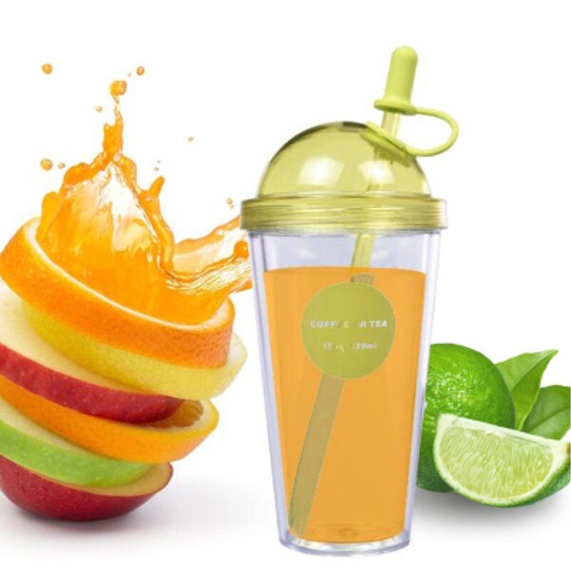 plastic adult mugs with straw milk tea coffee cup with lid double-deck student couple juice glass portable water bottle