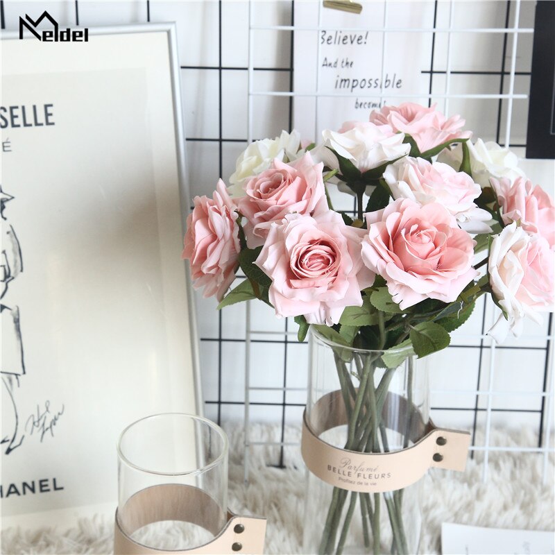 Meldel 1 gren bryllup kunstige roser blomster silke flores hjemme ball fest bursdag dekorativ hvit imitasjon roser floral