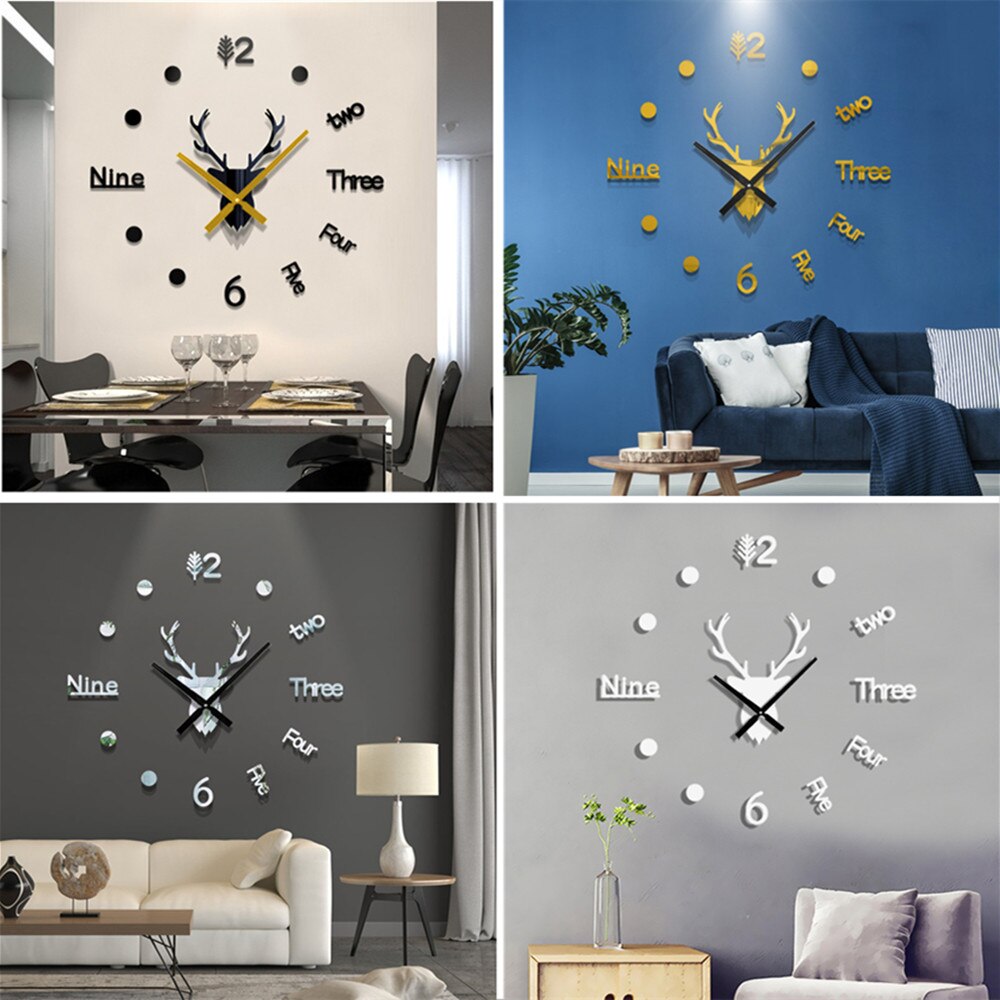 3D Acrylic Digital Deer Wall Clock Roman Numerals Large Round Wall Clock DIY Self Adhesive Living Room Clocks Stickers