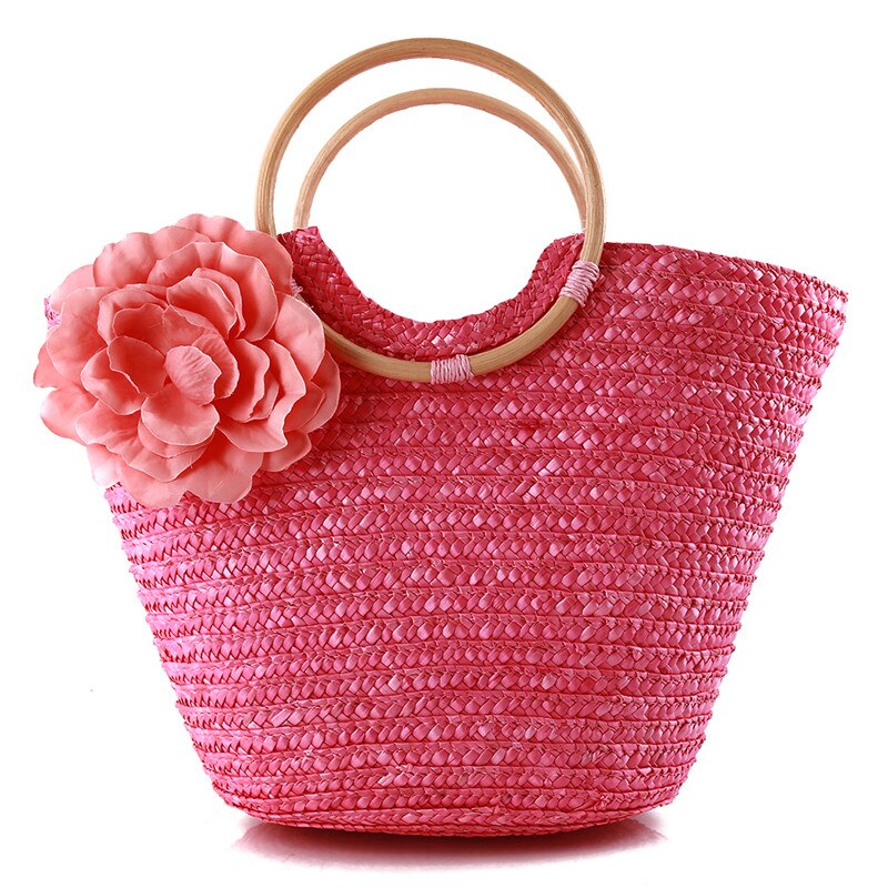 Beach Rattan Straw Polyester Bag Leisure Straw Craft Paper Weaving Handbag Beach Bag: Pink