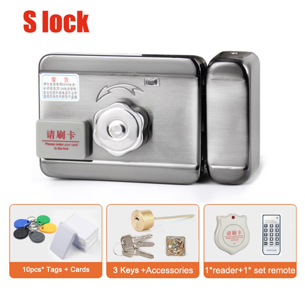 DC12V Electric RIM Lock for Metal Door Gate Electric Door Lock Opener 125KHZ RFID Card Lock Keyless Lock Electric Release: S 10 card Tag