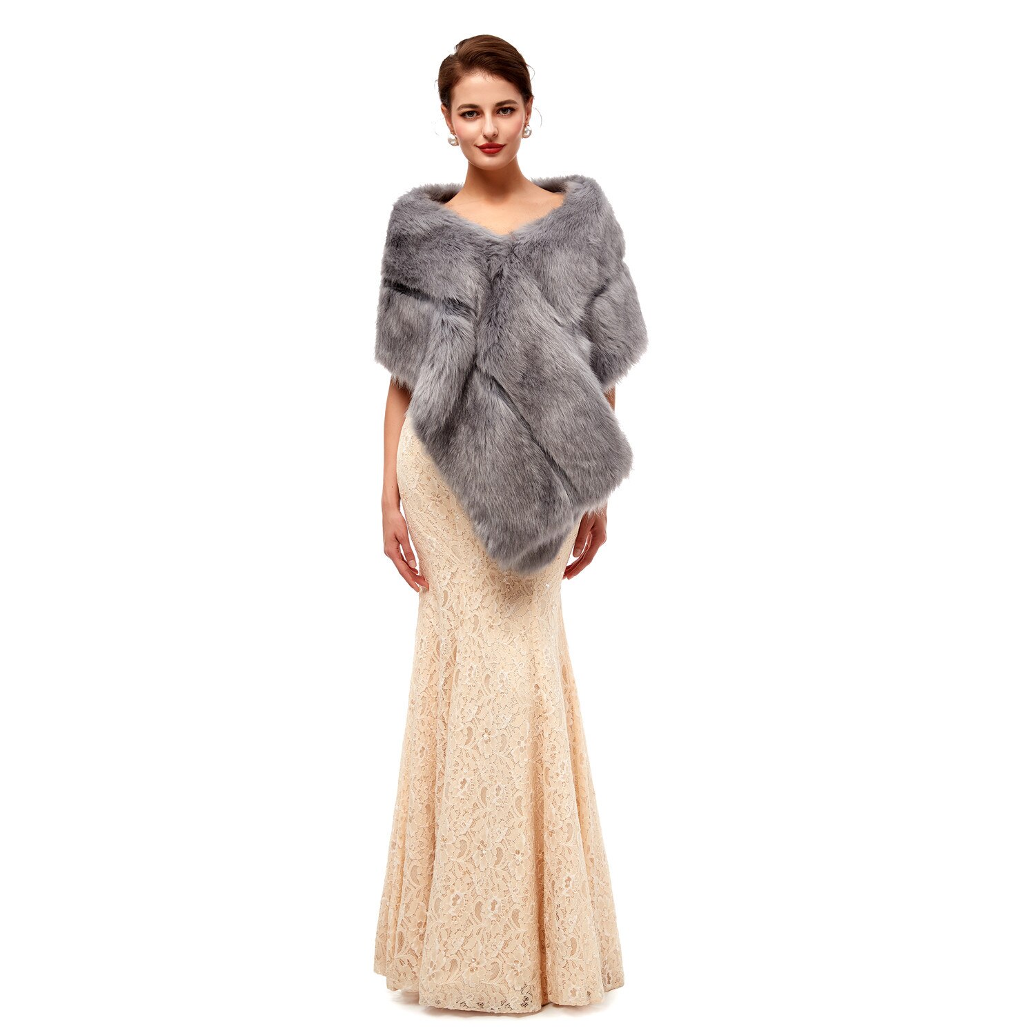 JaneVini elegante pelliccia grigia bolero da sposa festa di nozze avvolgere stola in pelliccia sintetica giacca da donna sposa scialle da sposa cappe etole mariage: Default Title