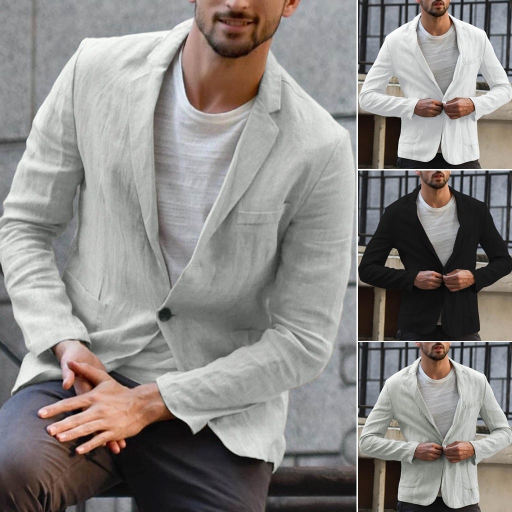 Blazer herredress slim fit linblanding lomme solid langermet dress blazer topper høst vinter yttertøy med knapper
