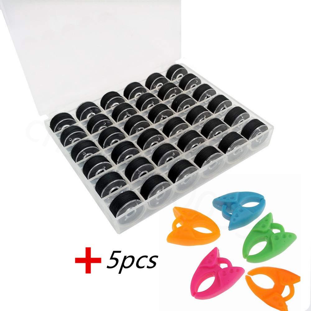 Bobinas de coser de poliéster negro, bobina de plástico transparente y abrazaderas de bobina, accesorios para máquinas de coser, 36 Uds.