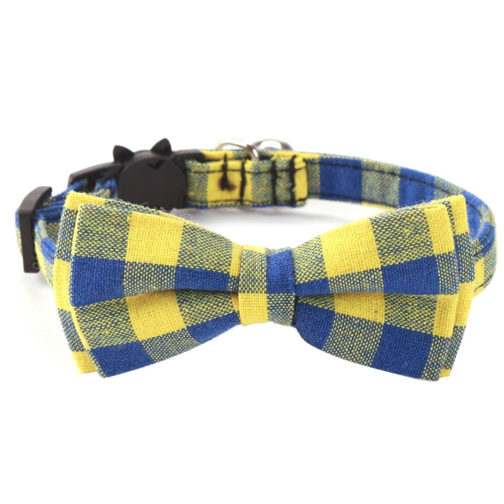Fargerik rutenett kattehalsbånd bomull stripet sløyfe halskjede bulldog chihuahua sløyfe valp liten hund fest bandana halsbånd: Gulblå