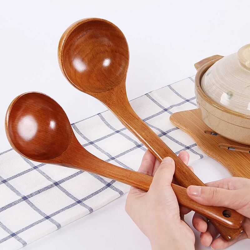 Japanese Solid Wood Soup Ladle Long Handle Pot Spoon Kitchen Cooking Utensil