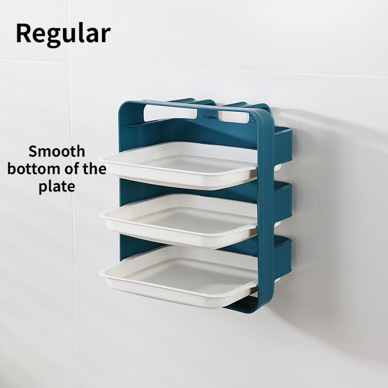 Kitchen side dish plate multi-layer superimposed vegetable plate household countertop space-saving wall-mounted rack plate sets: Blue 3 layers