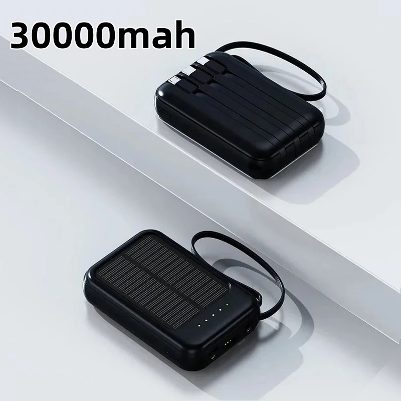 Banco de energía Solar de 50000mah con 4 Cables de carga luces LED batería externa portátil suministro de emergencia para todos los teléfonos móviles: Negro