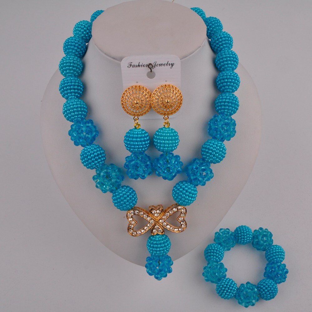 Nigeriaanse bruiloft, prachtige bruidssieraden, afrikaanse sieraden, rode imitatieparel, kristallen sieradenset xx -82: Meerblauw