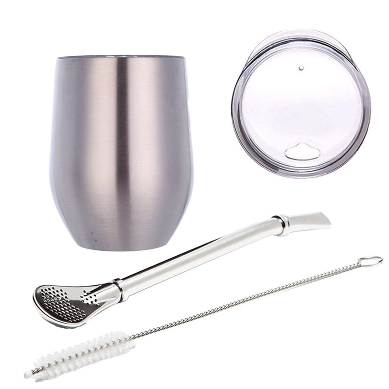 Dubbele Wand Roestvrij Yerba Kalebas Mate Thee Set Water Mate Thee Cup Met Deksel Lepel Stro Bombilla Hoofd Filter borstel: Silver