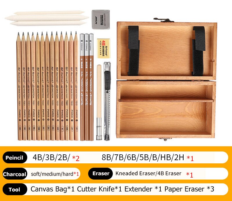 Marco Sketch Pencil Set Sketching Drawing Kit Wood Pencil Pencil Bags For Painter School Students Art Supplies: wood box set