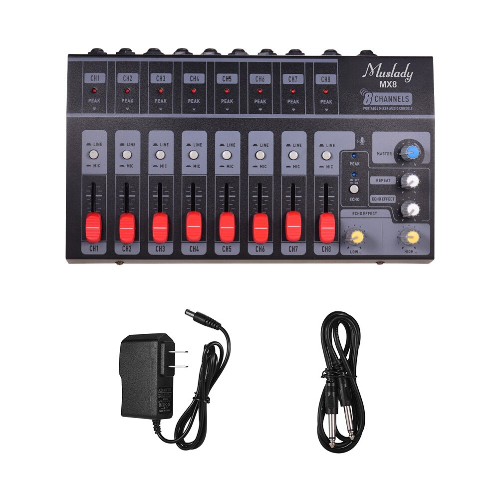 Muslady MX8 Draagbare 8 Kanalen Stereo Audio Sound Mixer Laag Geluidsniveau met Echo Effect Elektrische Muziek Accessoires