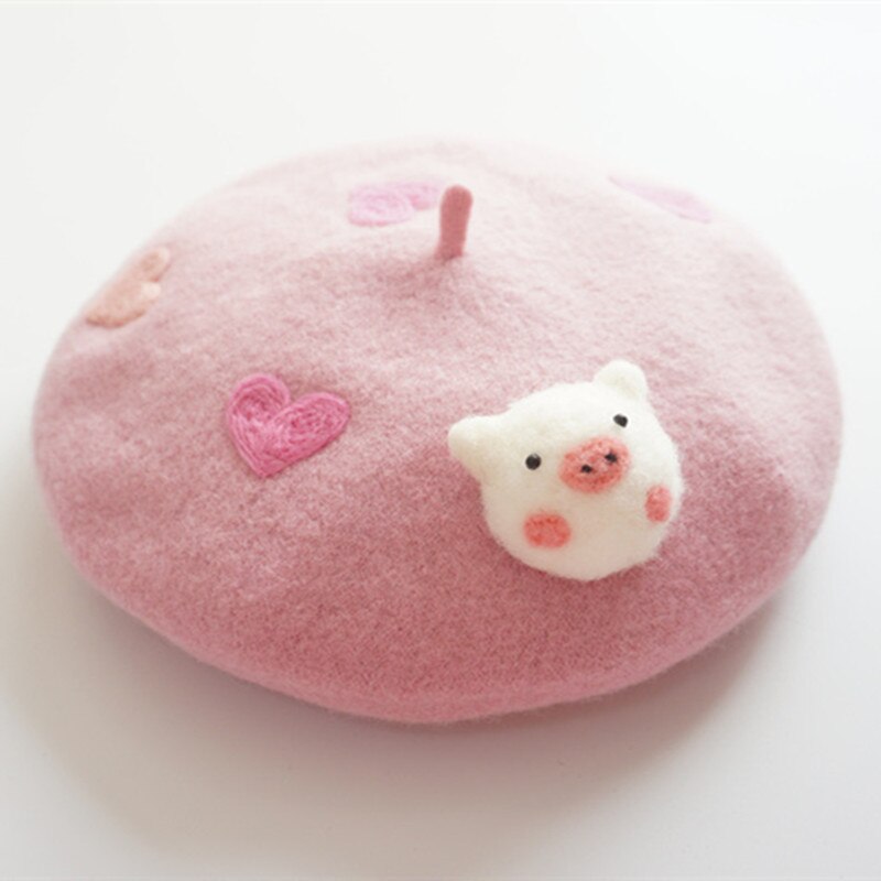 Pink piggy beret Hat girl winter Cute casual painter cap women wool warm hat: 04