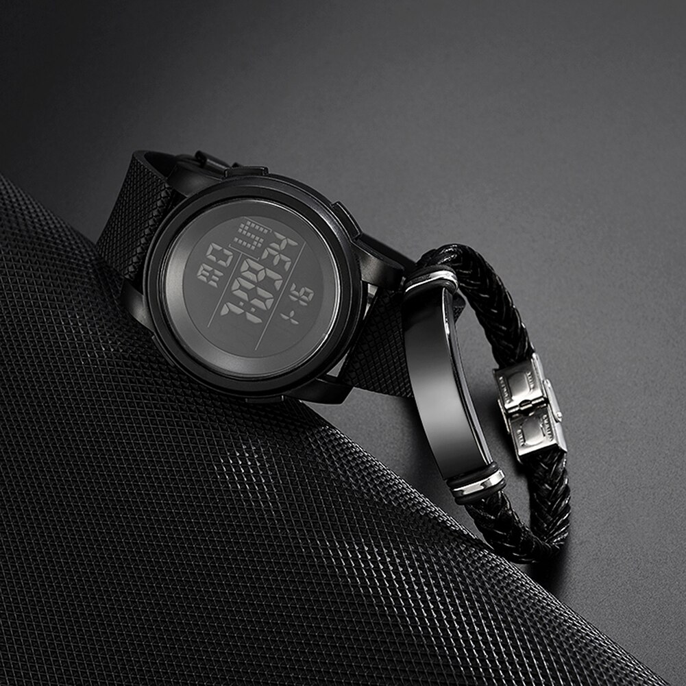 2 pçs de luxo masculino esportes à prova dwaterproof água eletrônico digital relógio pulso luminoso + pulseira jóias acessórios
