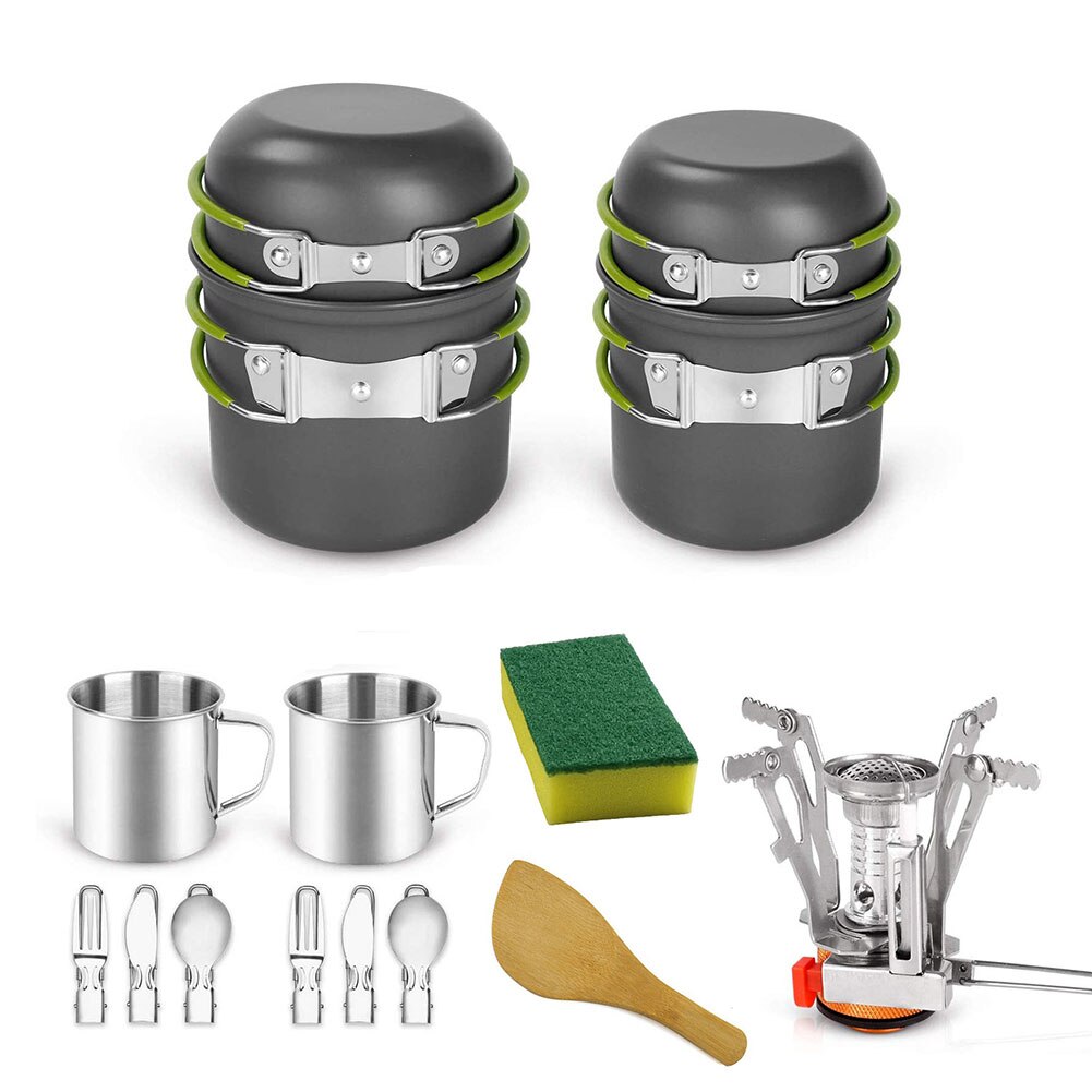 Camping Kookgerei Koken Set Mess Kit Draagbare Outdoor Pot Voor Backpacken Outdoor Trekking Wandelen Picknick Groen 15Pcs Kookgerei