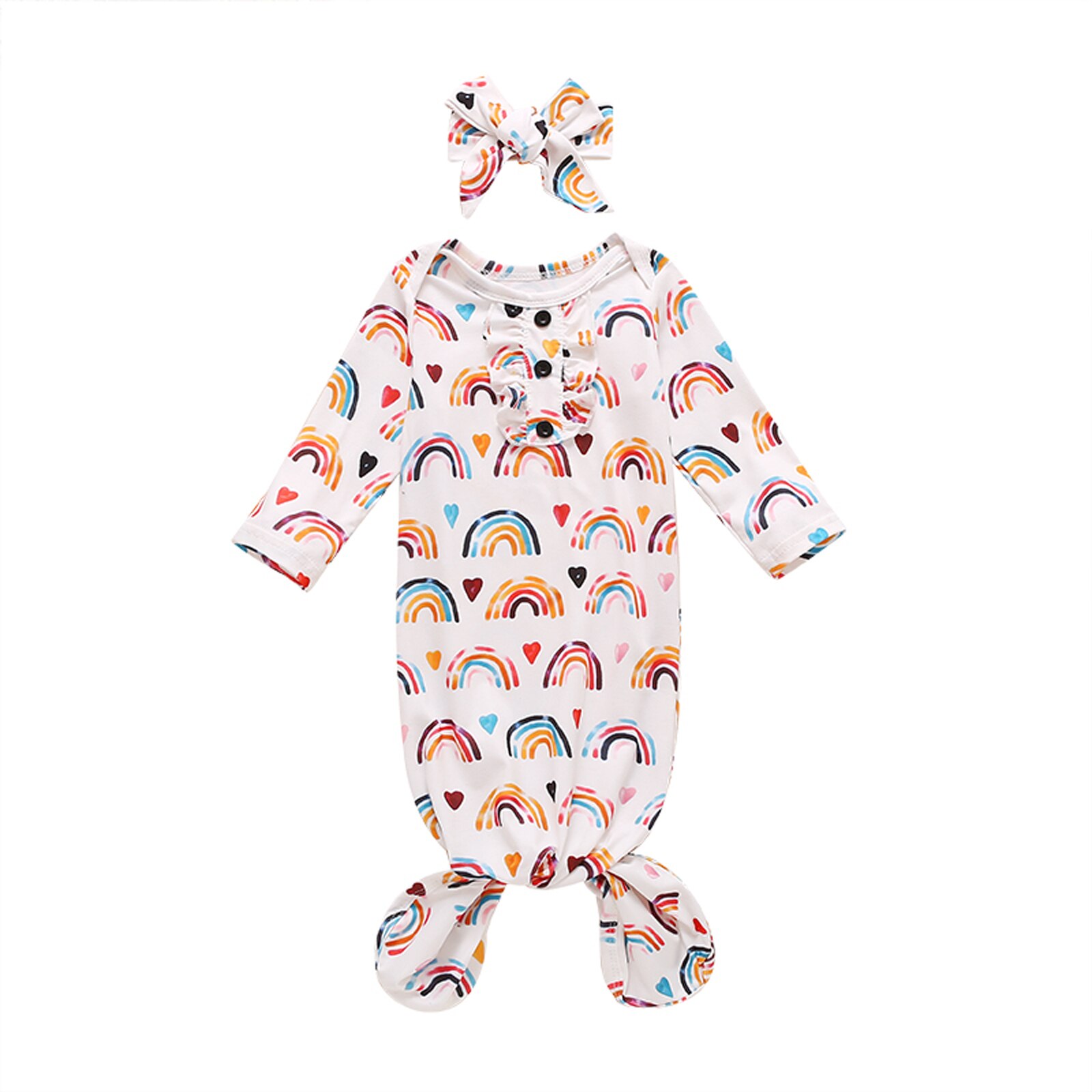 CANIS Baby Nightwear with Headband Rainbow Print Round Neck Long Sleeve Sleepwear+ Headdress: A