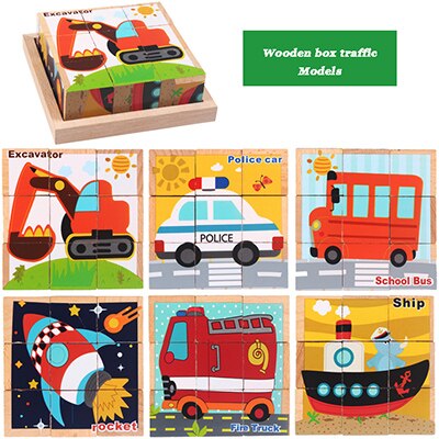 9pcs 6 lato giocattolo Del Bambino 3D Del Fumetto di Legno Tagliere blocco blocco blocco di cubi di Legno di Frutta Animale Traffico giocattoli Educativi per regalo dei bambini: traffic