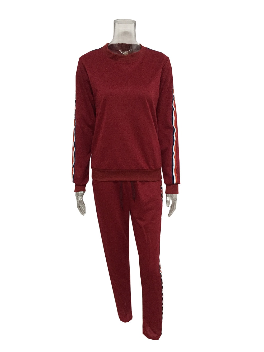 Striped Solid Suit Set Women Tracksuit Two-piece Sport Style Outfit Jogging Sweatshirt Fitness Lounge Sportwear: Burgundy / XL