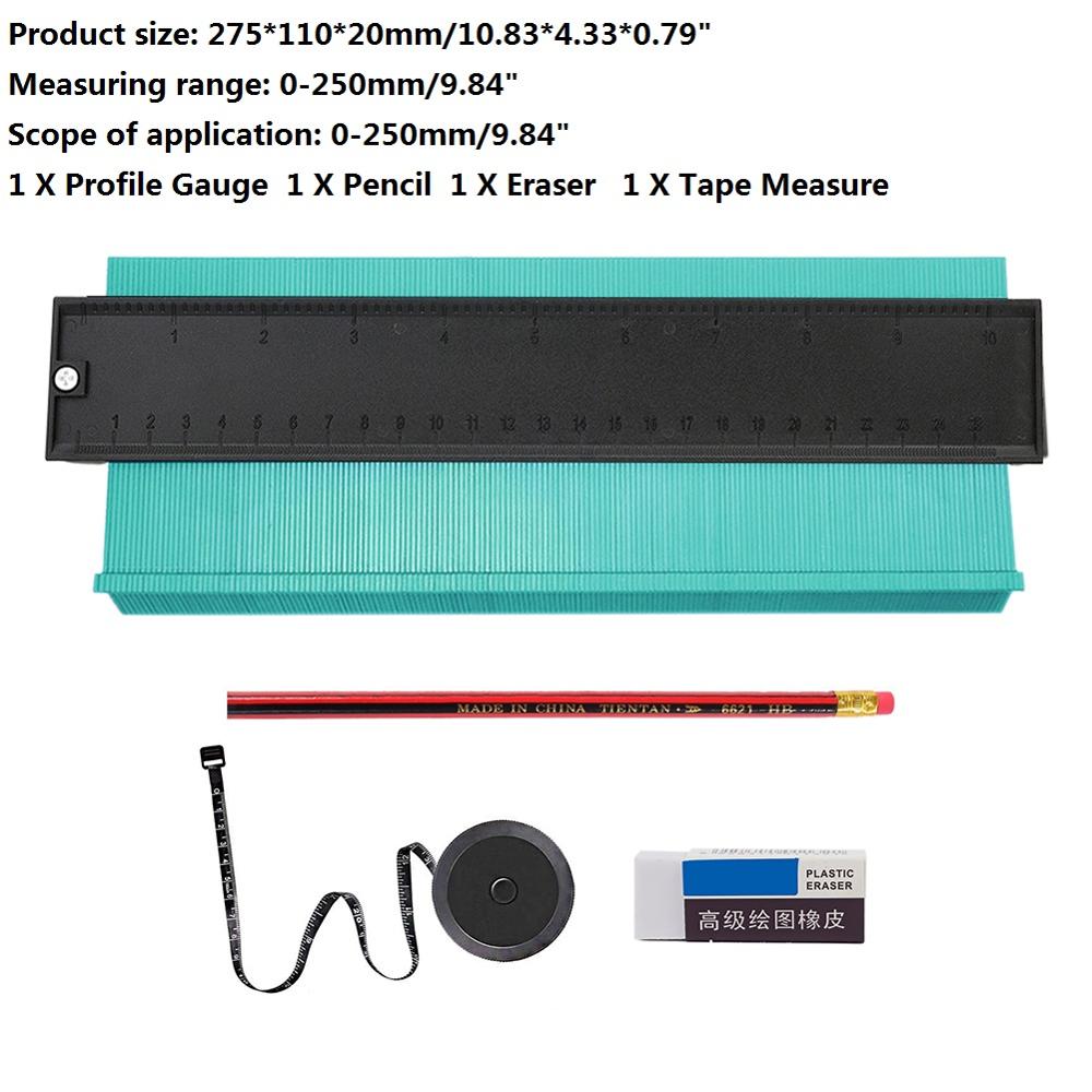 10/5 tommer plastkonturmåler uregelmæssig form profil lineal duplikator skabelon træ mål lineal profil markeringsværktøj: Grøn a