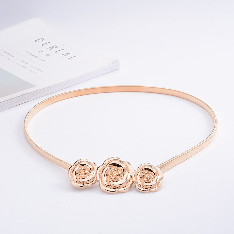 Ceinture avec boucle métallique élastique pour femmes, tenue avec chaîne or/argent, feuilles de fleurs: style 2 gold