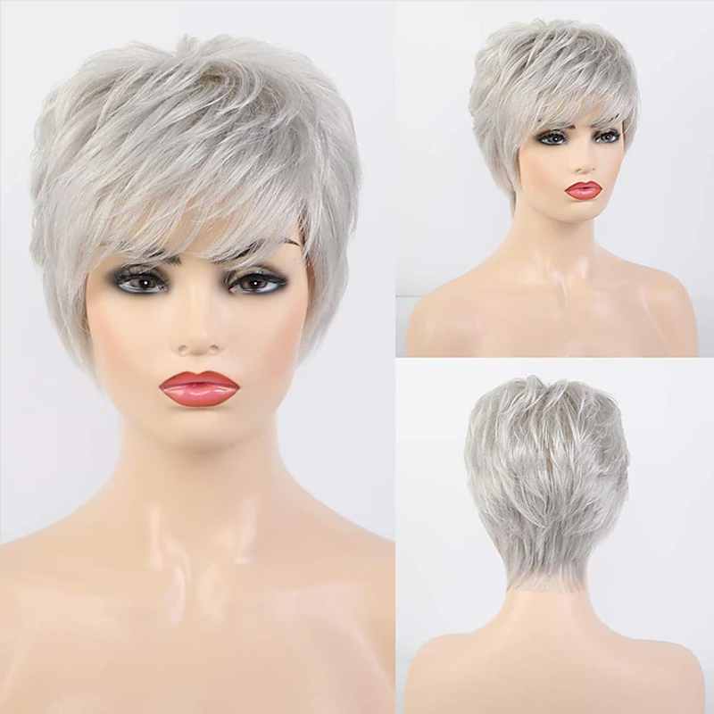 HAIRJOY Kurze graue Perücken für weiße Frauen, gemischte graue, silberne, lockige Perücken mit Pony, Oma, synthetische Kurzhaarperücken