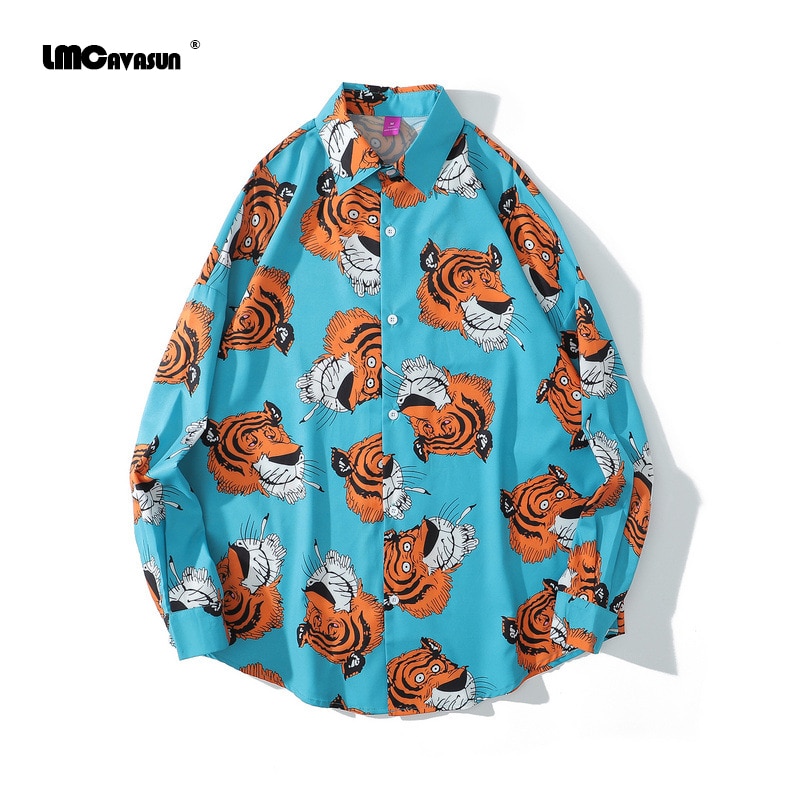 Lmcavasun lente en herfst harajuku stijl tijgerprint shirt met lange mouwen losse plus size hawaiiaanse shirts voor mannen en vrouwen