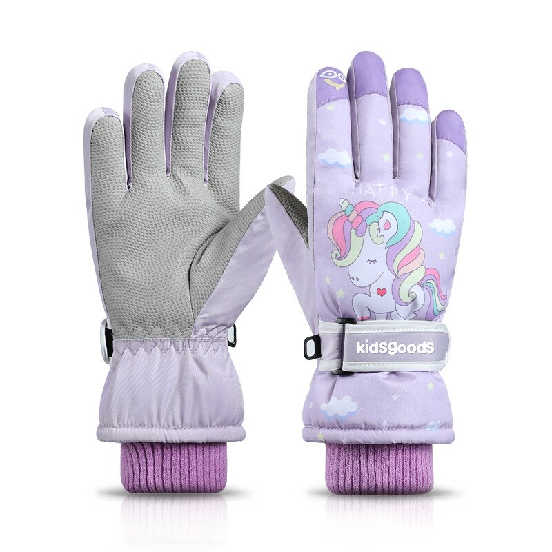 Guantes de esquí para niños, manoplas de invierno a prueba de viento, impermeables, gruesas, cálidas, antideslizantes, para ciclismo, escalada, al aire libre, manoplas cálidas de dibujos animados: purple unicorn2