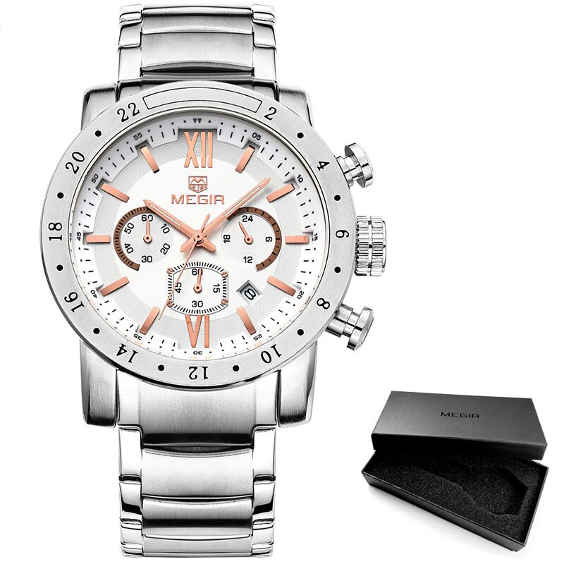 Megir Mode Quartz Horloge Voor Man Waterdichte Lichtgevende Polshorloge Heren Grote Wijzerplaat Horloges 3008: MS3008G-Silver rose