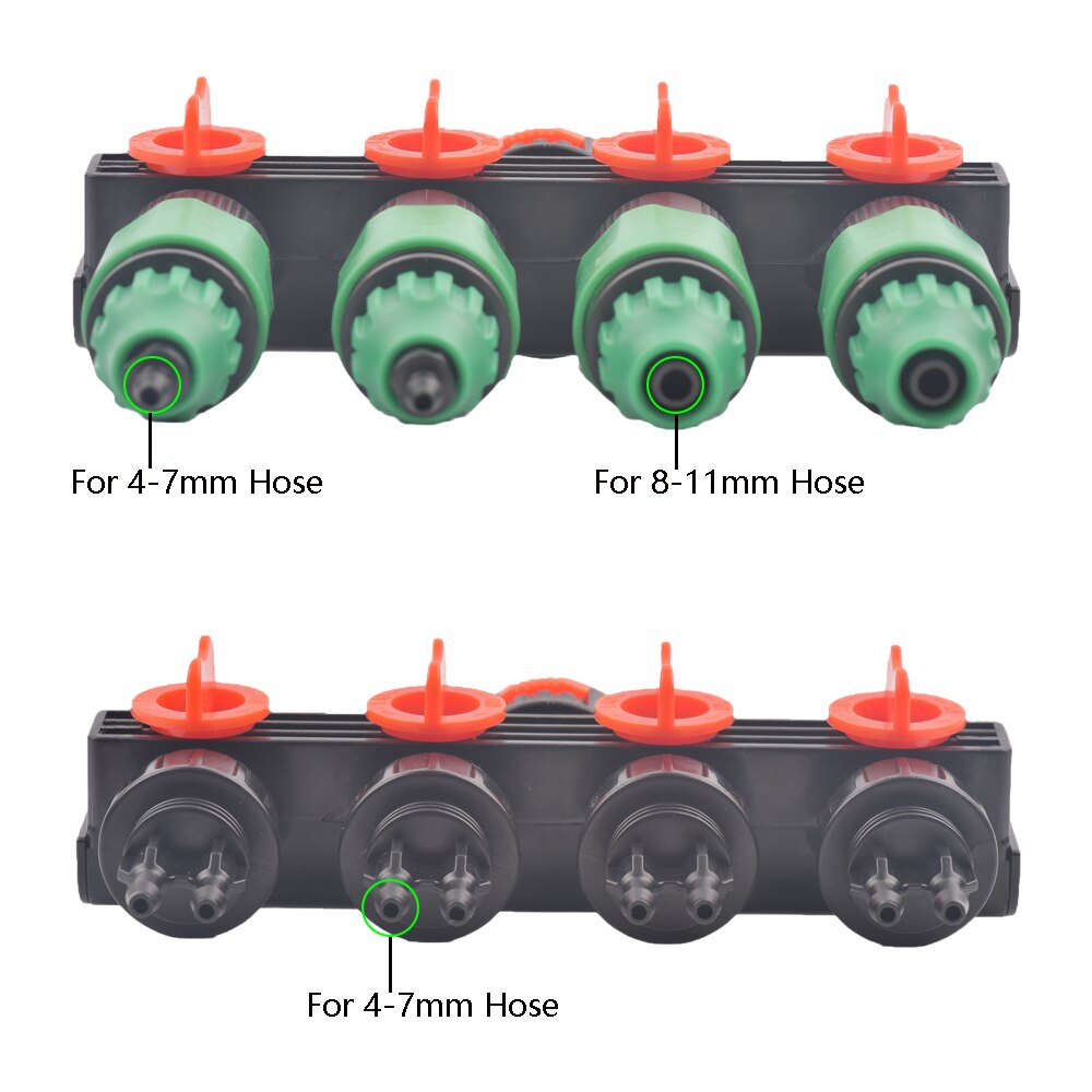 1/2'' 3/4'' 1'' Water Tap Splitter 4-Way Outlet Garden 4/7mm 8/11mm Watering Hose Adaptor Drip Irrigation for Greenhouse