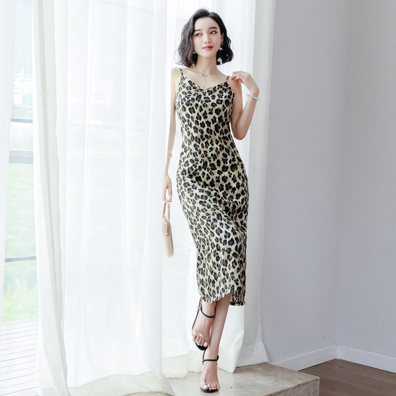 Vintage Leopard Print Side Folk Underdress Spaghtti Strap Women Full Slips Slim All-match V-neck Long Slips