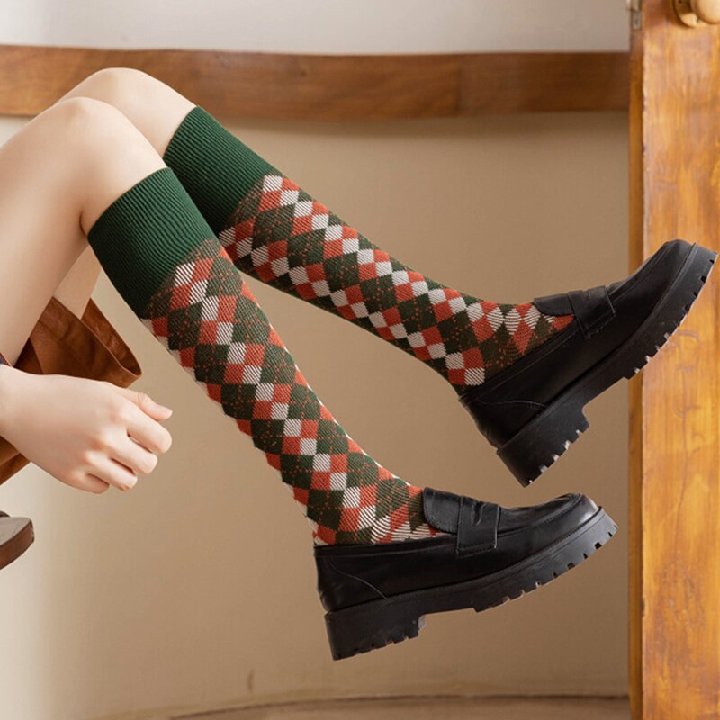 Diamond plaid pattern Green Knee socks women ins Party knee-high stockings Over Knee long ladies girls