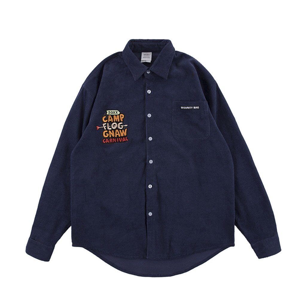 Camisa lisa de manga larga para hombre, Bordado de letras de pana Vintage Preppy de gran tamaño, camisas informales de algodón de estilo coreano: Navy Blue / M