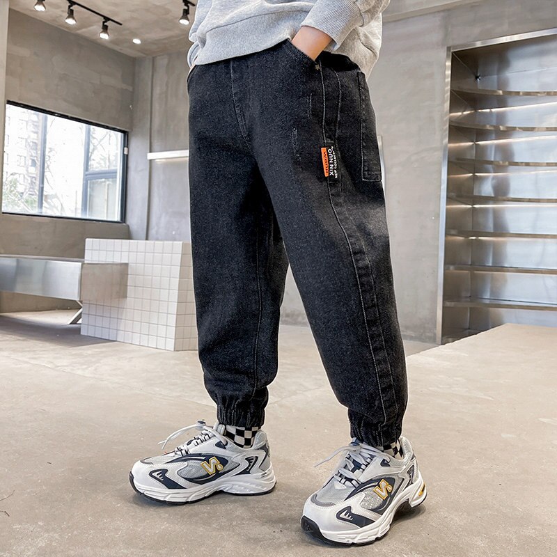Pantalones vaqueros largos de estilo coreano para niño, ropa deportiva informal de , para primavera y otoño, de 4 a 14 años: Negro / 14