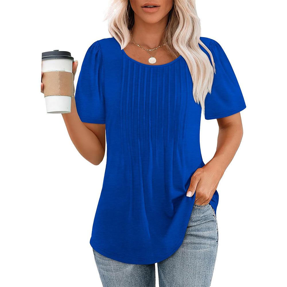 Dames T-shirts met korte mouwen, geplooid, chic, casual ronde hals, zomertops, blouses 2025: XXL / Blauw