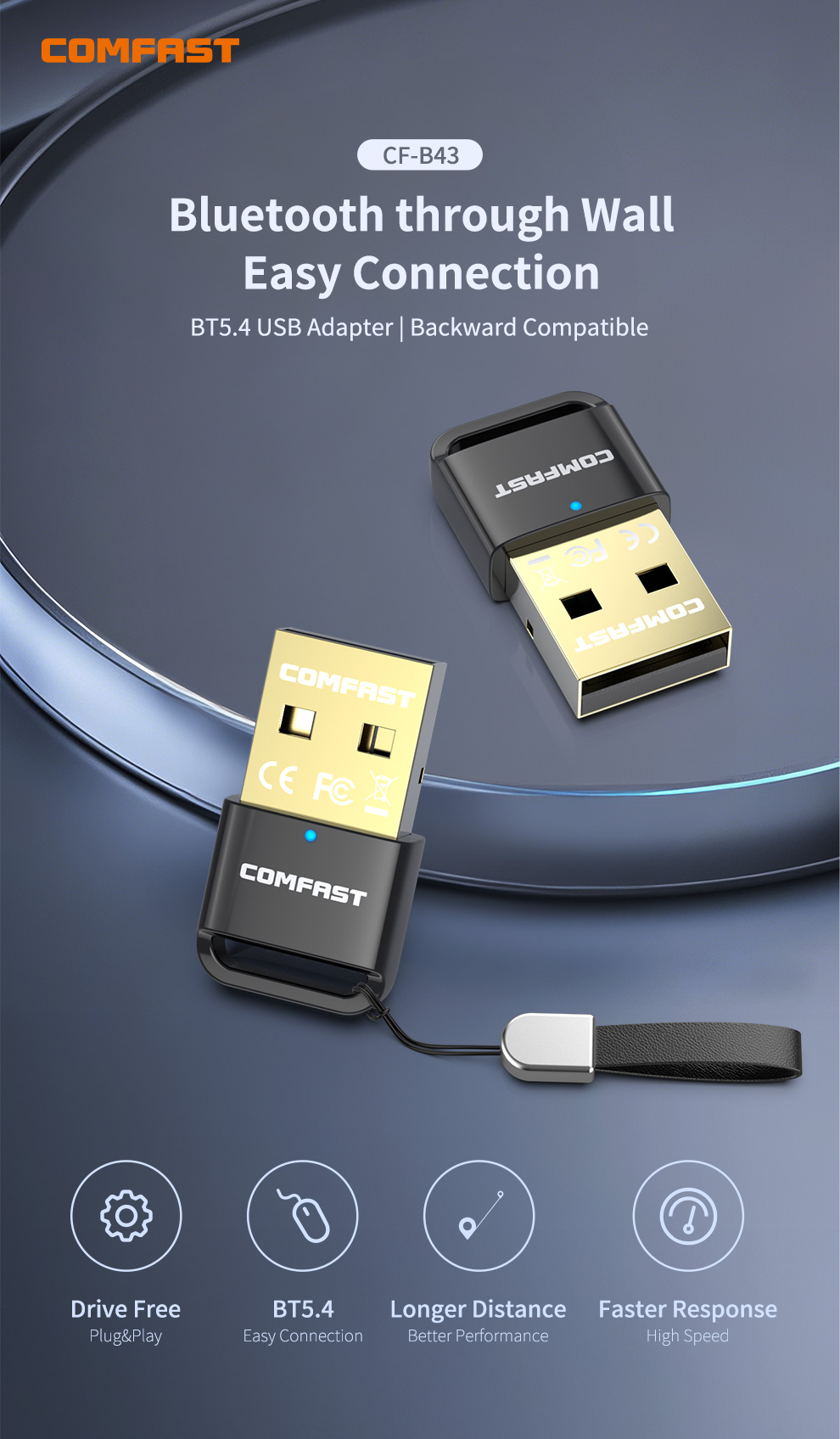 Comfast USB Bluetooth 5.4 Adapter 100M/20M BT5.4 Dongle for PC Wireless Mouse Keyboard Music Audio Transmitter Free Drive Win11