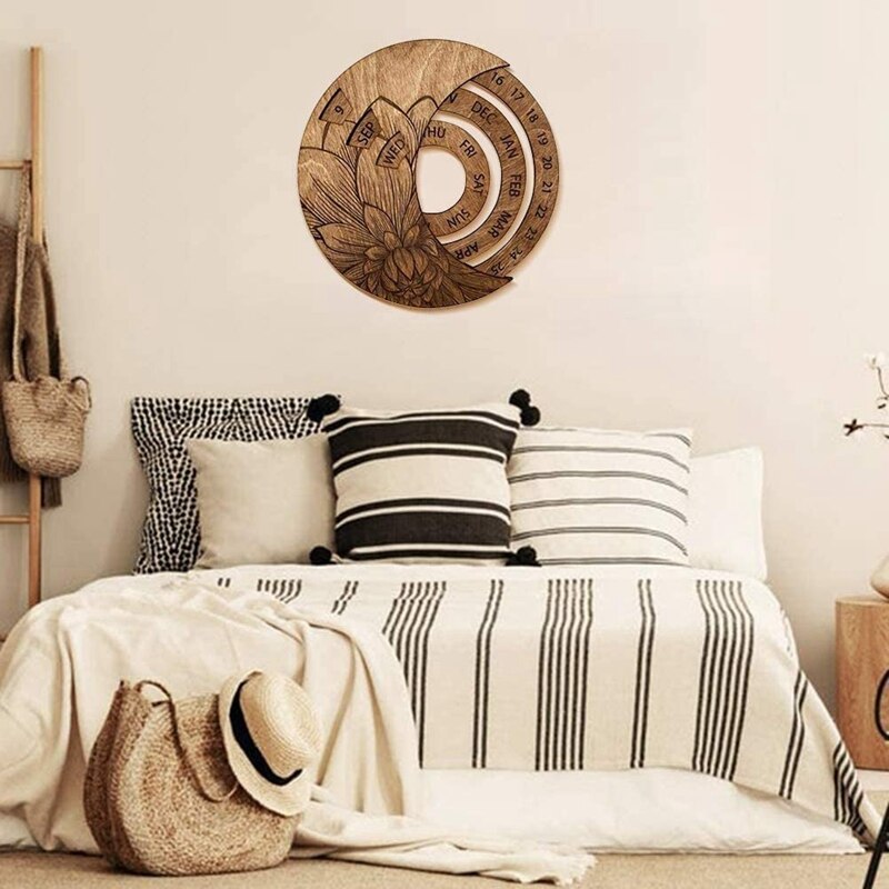 10Inch Wooden Wall Mounted Perpetual Calendar Circular Rotatable Moon Forever Calendar Wall Art for Home-Charcoal