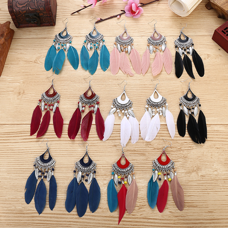 2020 artystyczny z piórkiem Kolczyki Tassel Ohrringe srebrny kolorowy ze stopu Vintage kreatywne Kolczyki Boho Indian biżuteria Kolczyki