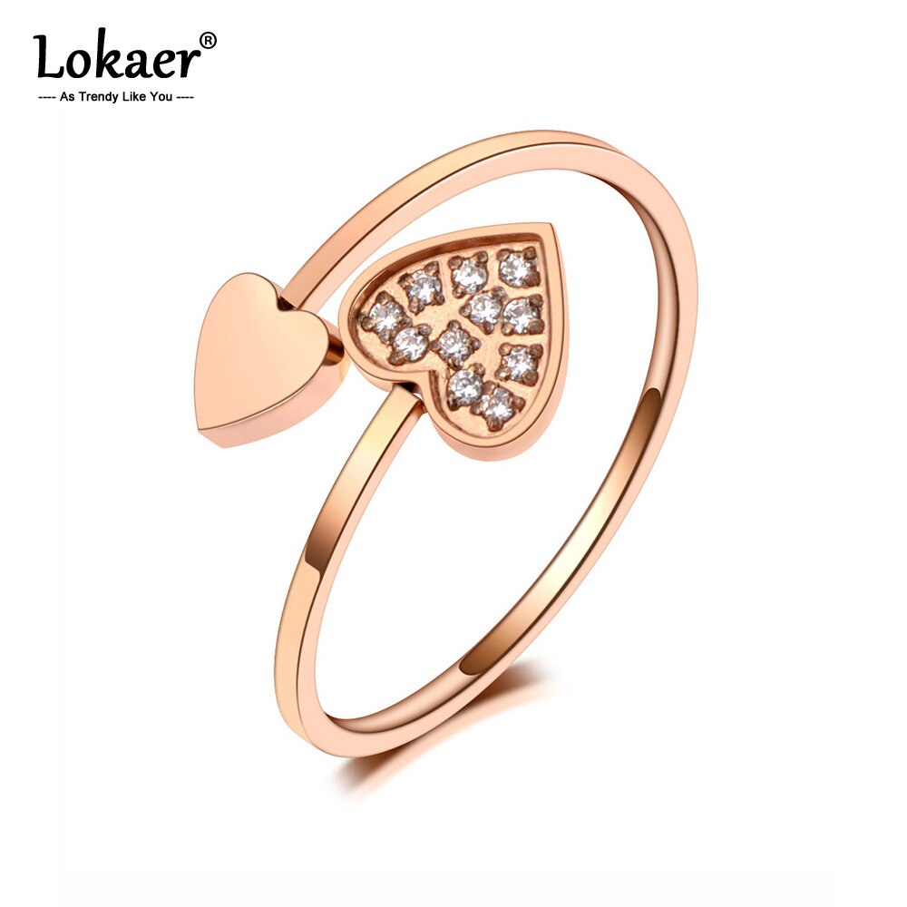 Lokaer Trendy Leuke Romantische Titanium Rvs Liefde Hart Ringen Cz Kristal Dubbele Hart Engagement Ring Voor Vrouwen R20015