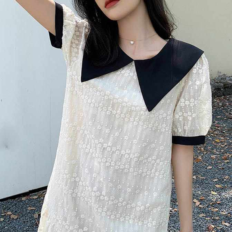 Vestido de encaje con cuello de muñeca de estilo francés para mujer, falda acampanada de manga corta con retazos de Color sólido, novedad de 2023