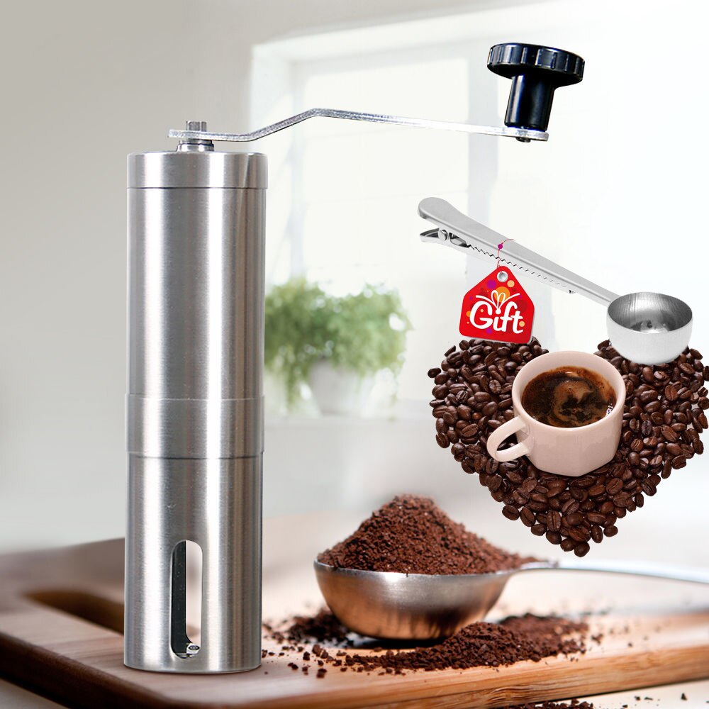 Mini molinillo de café Manual de acero inoxidable 304, herramienta de cocina, molinillo con cuchara de sellado, hecho a mano