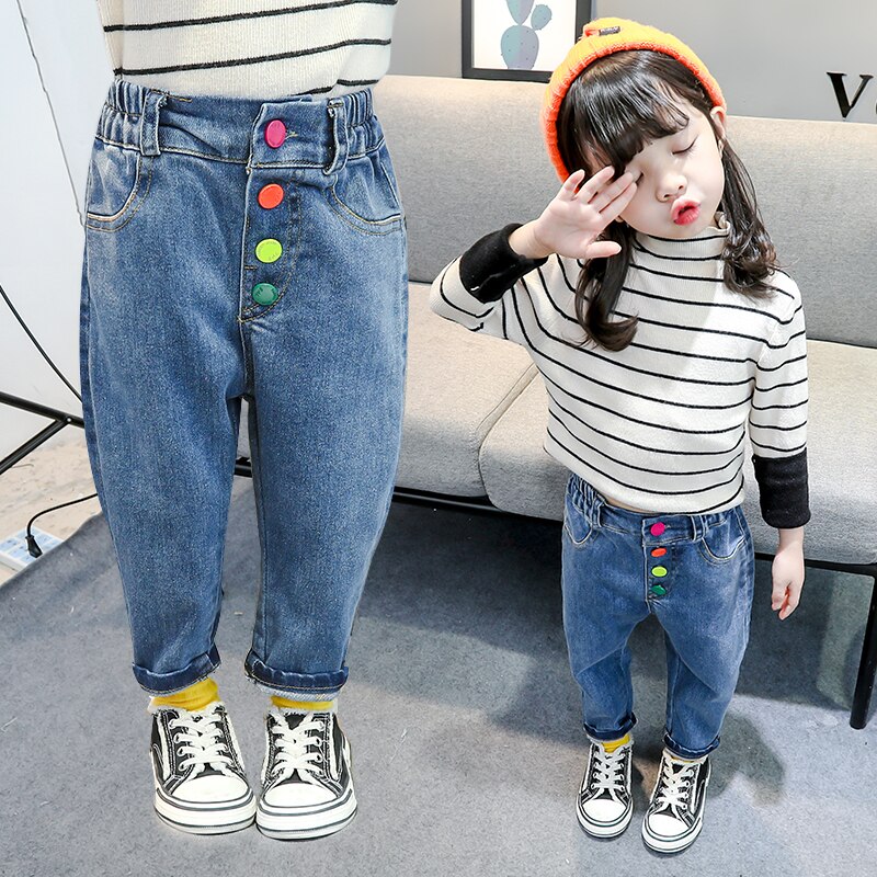 Calça jeans infantil arco-íris para meninos e meninas, calça casual com botões para meninas de 2, 4, 5, 6, 7, 8 anos, roupa esportiva, primavera e outono 2020